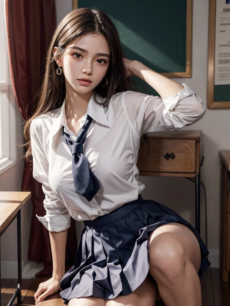 absurdres, RAW photo, extremely delicate and beautiful, masterpiece, Best Quality, ultra high resolution, 32k, hyperrealistic, ultra-detailed, perfect anatomy, super Detailed skin, perfect figure, Super Beauty, Perfect Style, Perfect balance, 20 years old, very small head, very small face, delicate facial features, detailed face, detailed eyes, tearful mole, earring, very huge round breasts, legs, medium hair, whole body shot, indoor, ((school_uniform)),