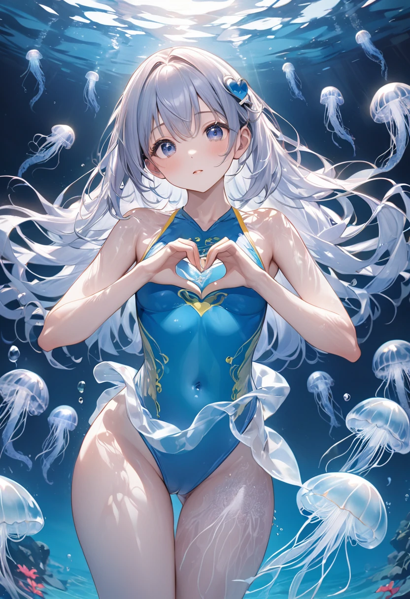 Ultra high definition、masterpiece、correct、Anatomically correct、Textured skin、Very detailed、High detail、high quality、最high quality、High resolution8K、Very detailed、whole body、Medium chest、woman、The body of a swimmer stretches diagonally、 The two hands are stretched out together、 The heart of a swimmer is as transparent as a jellyfish、 The eyes of the swimmers listen to the sound of the bells、 The soul of a swimmer sees the moon above the water。