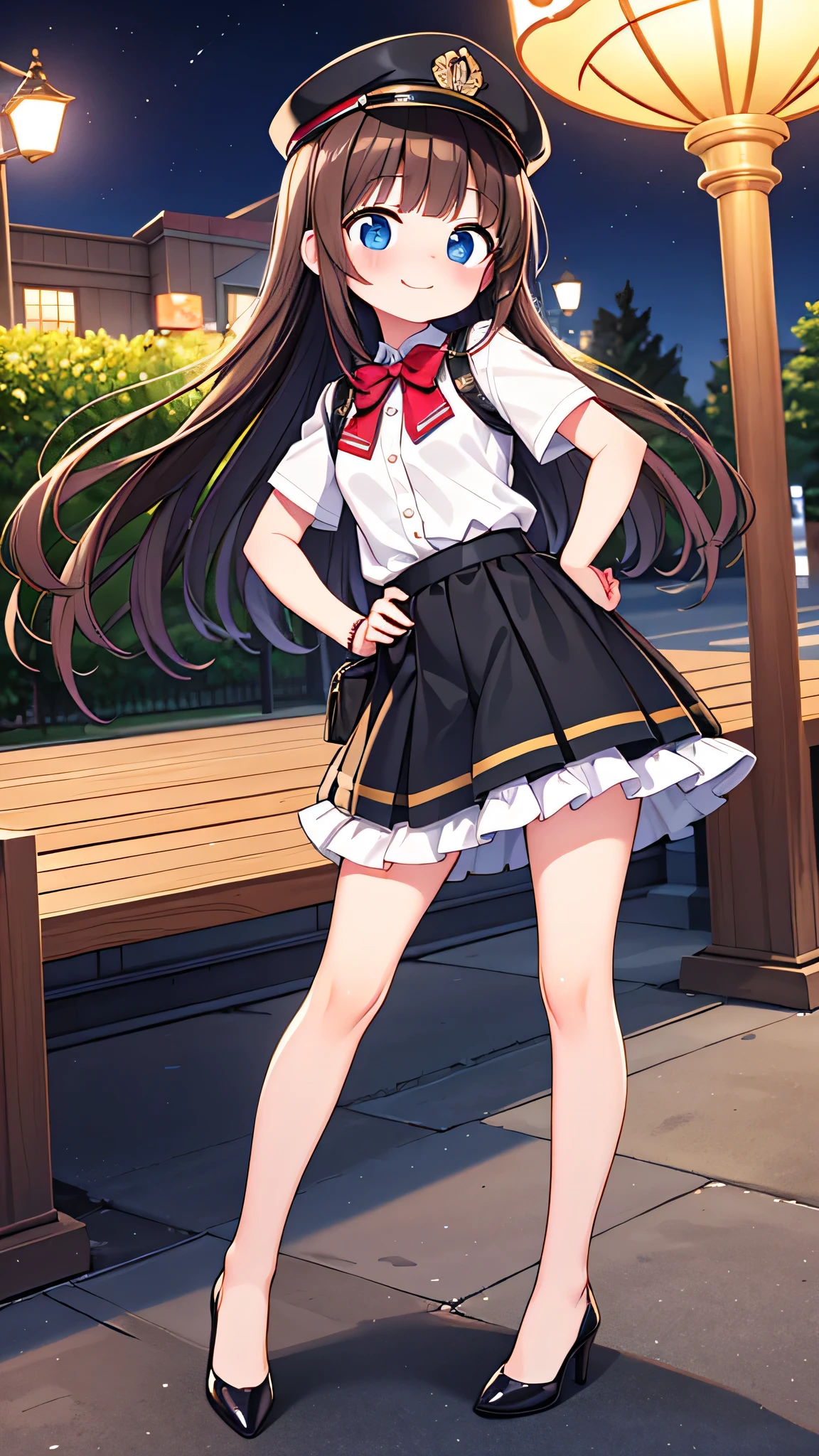 {Highest quality}, {Super beautiful},{Ultra fine},{Best illustration},Brown Hair,Hime cut,semi-long,Bangs,Standing Woman,Uniform cap,White Shirt,Short sleeve,Long black skirt,Night Park,Embarrassed,smilingly,Blushing,Slender women, A woman wearing plain black pumps,Bare feet and pumps,From an angle,From above,Place hands on hips,