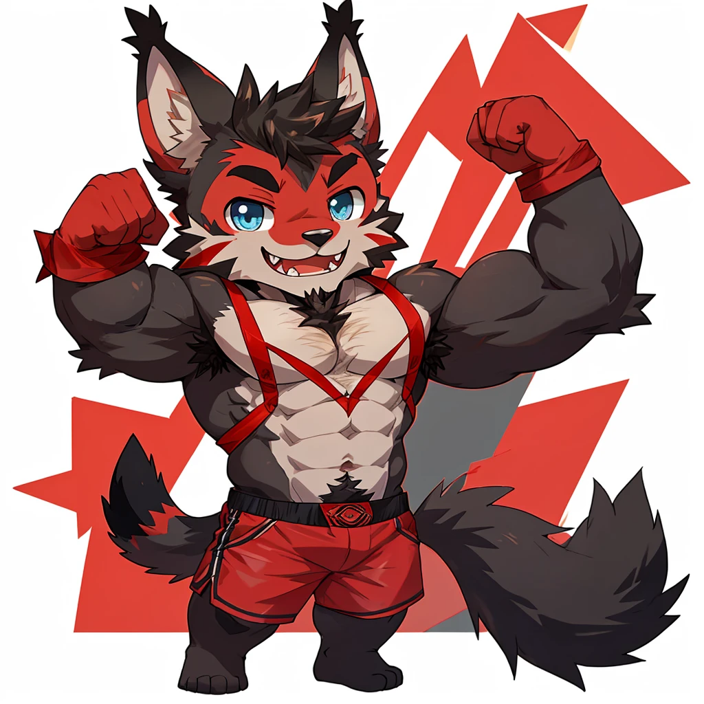 ((Furry lynx cat)), ((chibi)), chibi, chibi, chibi, chibi, body fully covered in black fur, ((fully covered in black fur)), ((black fur)), sharp fangs, sharp teeth, summer shorts outfit, cute, blue eyes, red chest hair, red eyebrows, red armpit hair, black nose, black tail, black tail with red tip, red whiskers, happy, smile, correct Anatomy, correct hand, ((white background)), (Acting happy), (hands up), enjoy, ((front view)), full body, sexy, (flexing), (muscle), black tail, black tail red tail tip, red eyebrows, red chest hair, red armpit hair, chibi, chibi, chibi, chibi