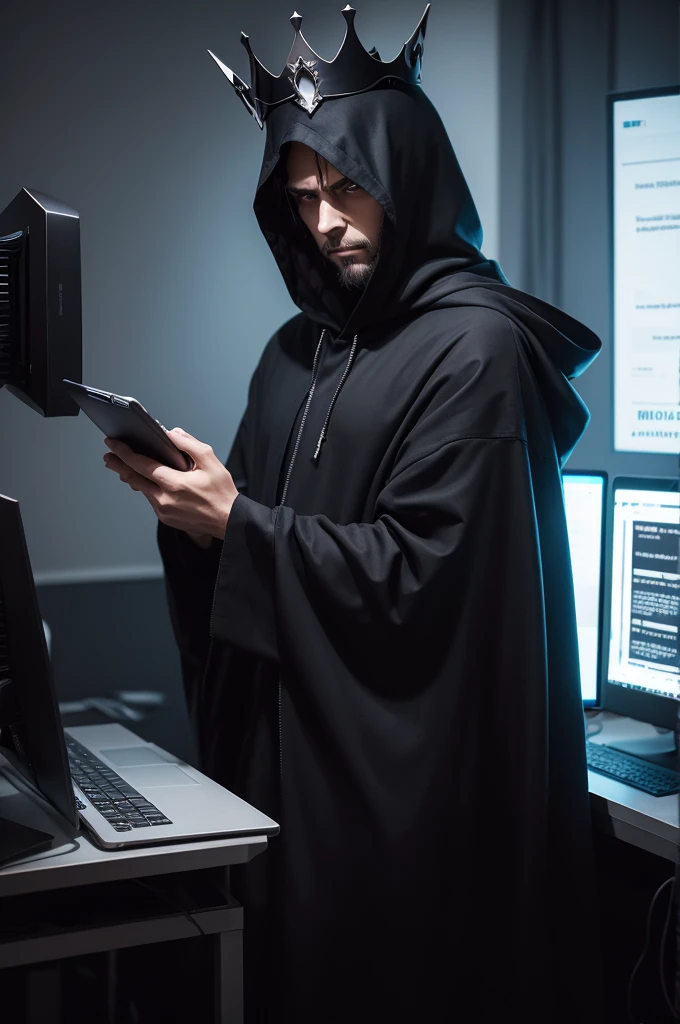 naughty man, serious, tenebrosa, wearing hood, ombre, crown on head, Computer in hand