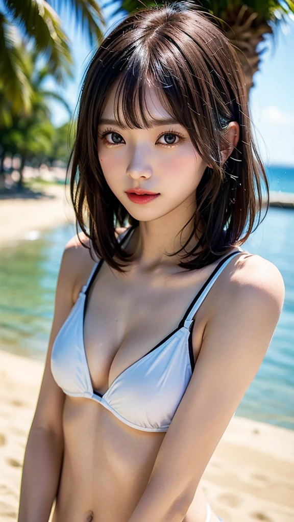 (Realistic Young Gravure Idol), (Young Sensual Gravure Idol), Beautiful Japanese Girl Face, A young and cute gravure idol, ((brown lob hair:1.1)), (bob cut),(swept bangs),(Fit body:1.2), (Highest quality, 8k, masterpiece:1.3), Ultra Fine Lips, (cute eyes, pupil black, iris skyblue, youthful face), (standard weight), (small breasts), (glistening skin:1.1),(pale skin:1.2),(layered bikini),((seaside)),((Nymphet fashion:1.3)),((summer scene:1.2)).