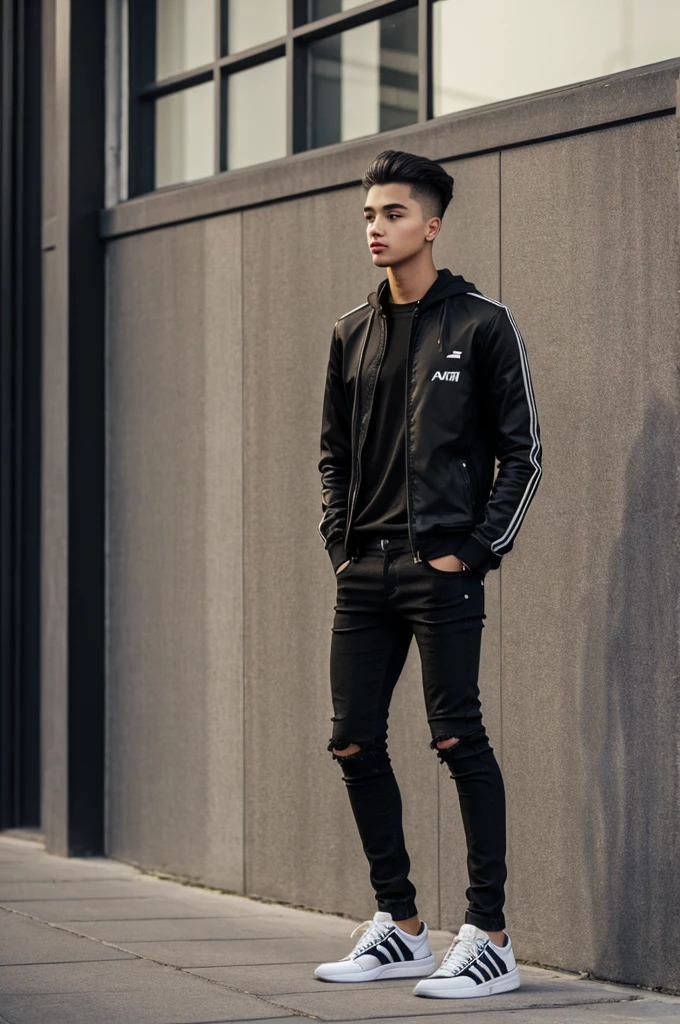 A young man wearing skinny jeans and black adi2000 sneakers