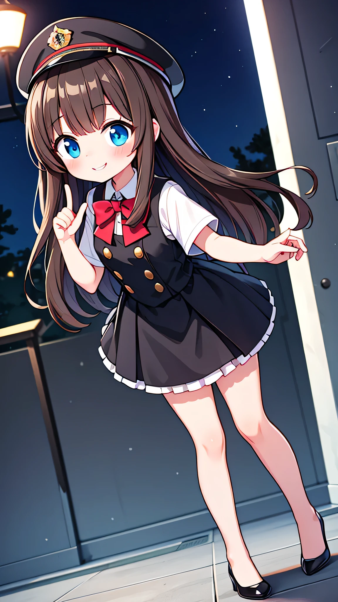 {Highest quality}, {Super beautiful},{Ultra fine},{Best illustration},Brown Hair,Hime cut,semi-long,Bangs,Standing Woman,Uniform cap,White Shirt,Short sleeve,Long black skirt,Night Park,Embarrassed,smilingly,Blushing,Slender women, A woman wearing plain black pumps,Bare feet and pumps,From an angle,From above,Pointing