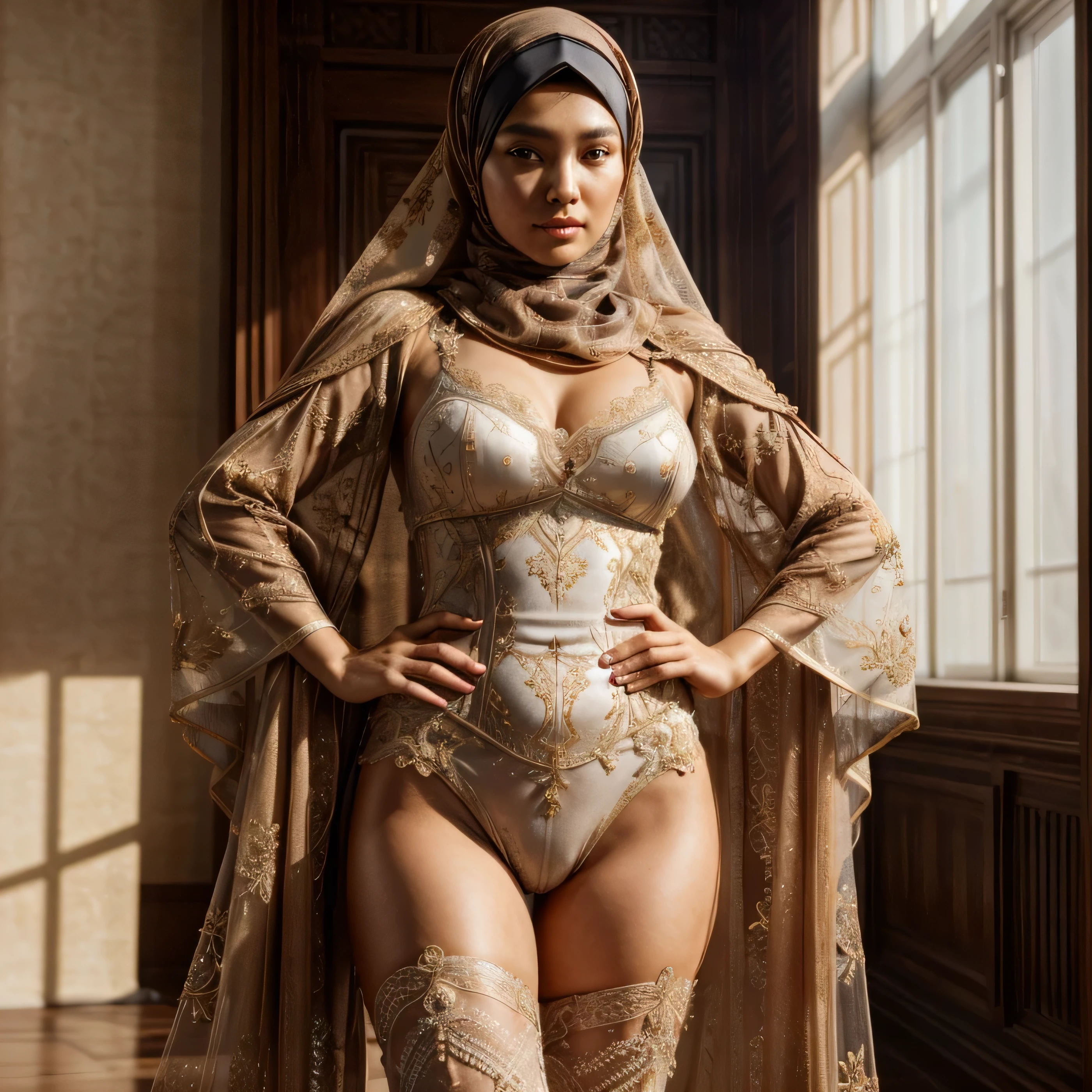 ((extreme detail)),(ultra-detailed), extremely detailed CG unity 8k wallpaper,best quality, masterpiece, ,Wide-Angle, 85mm, masterpiece, UHD, anatomically correct, super detail, high quality, award winning, 1080P, HD, 16k, ((masterpiece)), best quality, 8K, HDR , Malaysian hijab, transparent kebaya, change, camel toe