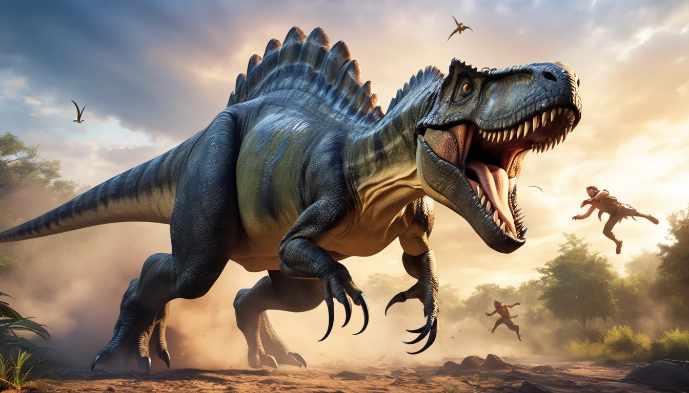 Realistic photos, RAW Photos, dinosaur, attacks viewer, Powerful movements, jump on prey, ((Dynamic jump)), Sharp Claws, dinosaur approaching from above, sudden approach, Bad-tempered, dynamic Shot from grand