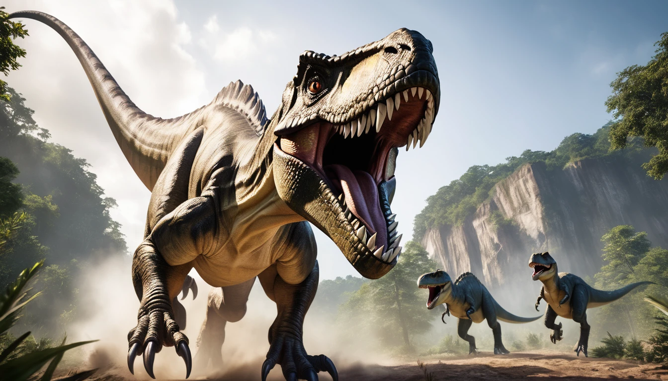 Realistic photos, RAW Photos, dinosaur, attacks viewer, Powerful movements, jump on prey, ((Dynamic jump)), Sharp Claws, dinosaur approaching from above, sudden approach, Bad-tempered, dynamic Shot from grand