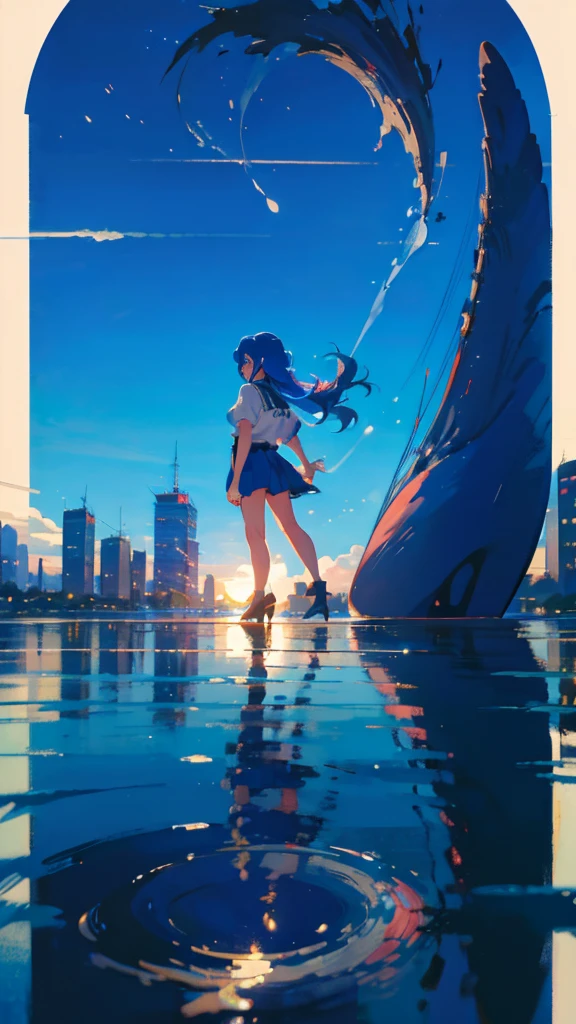 Blue-haired long hair，Design clothing，Seven-doppelganger shot，Anime style 4K，Anime girl with teal hair，High quality anime art style，Standing painting，Splash ink background，Blue Themes、Pure white background,Buildings,Face close-up,Buildings,Moon and sun、Long legs, whale flying in the sky,giant whale,輝く星々,天の川,輝く空