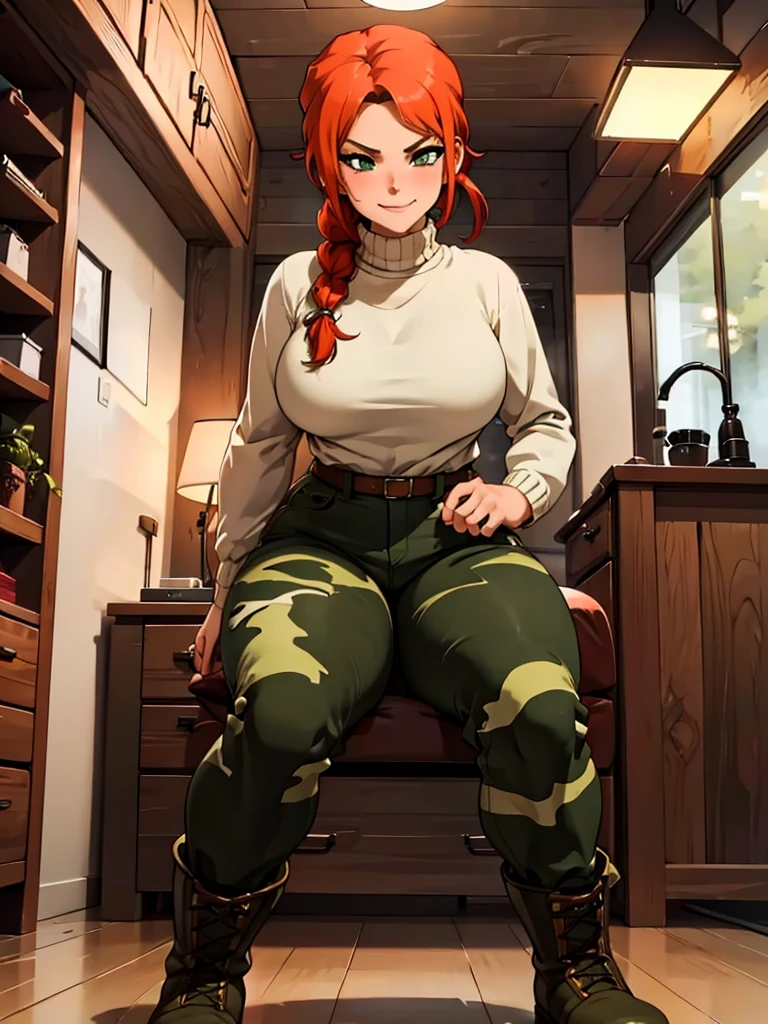 (best quality,4k,8k,highres,masterpiece:1.2),ultra-detailed,realistic:1.37,portrait, very sexy   girl lesbian redhead, braided hair, beautiful green eye, seductive, warm sweater,  camouflage beanie, camouflage pants, army boots, smirking, cozy lighting, vibrant colors. Futanari, lewd,    night, crotesc ,  erotic 