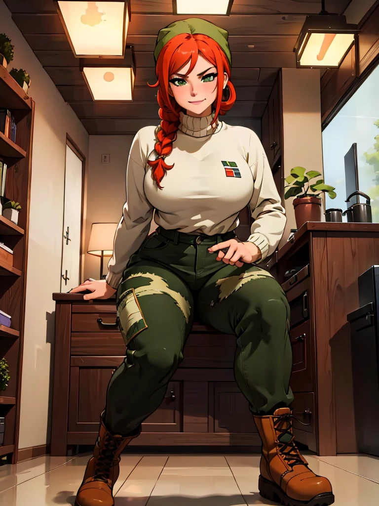 (best quality,4k,8k,highres,masterpiece:1.2),ultra-detailed,realistic:1.37,portrait, very sexy girl lesbian redhead, braided hair, beautiful green eye, seductive, warm sweater, camouflage beanie, camouflage pants, army boots, smirking, cozy lighting, vibrant colors. Futanari, lewd, night, crotesc , erotic