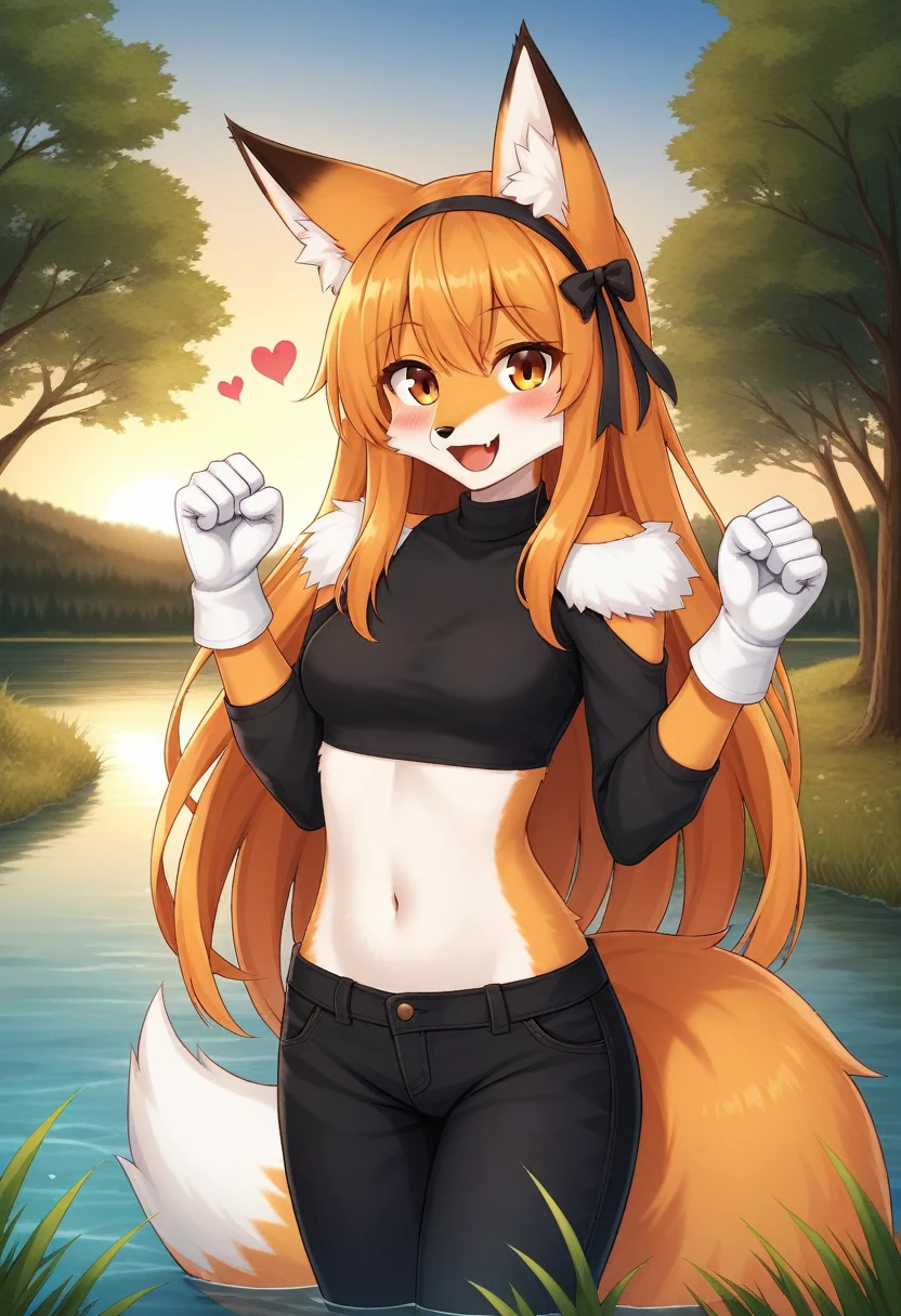masterpiece, best quality, ultra-detailed, cinematic lighting, beautiful lighting, detailed background, detailed iris, detailed eyes, shading, intricate details, ((sharp, dynamic pose, expressive eyes)), ((4k)), ((2d, 2d art)), digital art, solo, outdoors, 1girl, smile, animal ear fluff, navel, hairband, open mouth, crop top, long hair, animal ears, breasts, tree, furry, blush, clothing cutout, black shirt, shirt, shoulder cutout, fox girl, orange hair, hands up, bangs, cowboy shot, pants, white gloves, animal nose, gloves, fox ears, nature, standing, furry female, happy, water, sunset, looking at viewer, orange fur, forest, long sleeves, ribbon, black pants, black hairband, clenched hands, sky, tail, hair ribbon, fang, midriff, black ribbon, medium breasts, fox tail, very long hair, orange eyes, stomach, heart, body fur, river, :3, sidelocks, white fur, shiny, lake, grass, small breasts, scenery, fur trim, blonde hair
