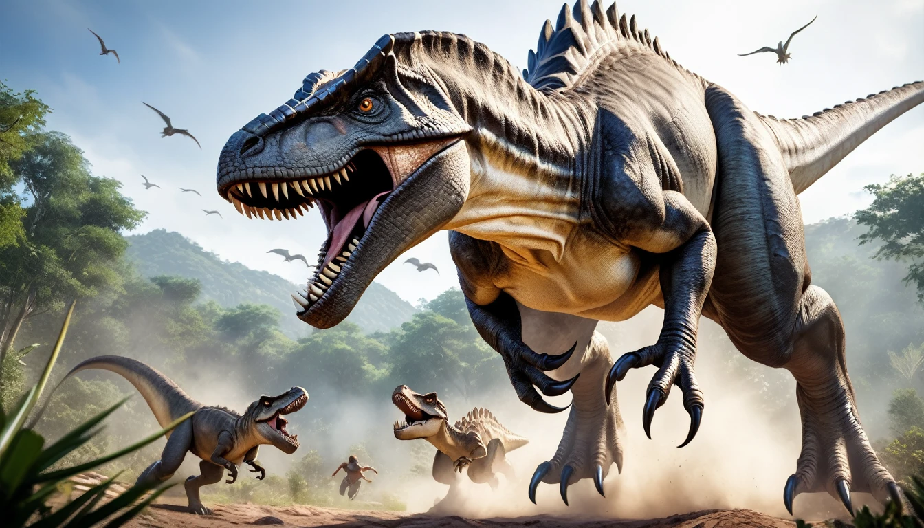 Realistic photos, RAW Photos, dinosaur, attacks viewer, Powerful movements, jump on prey, ((Dynamic jump)), Sharp Claws, dinosaur approaching from above, sudden approach, Bad-tempered, dynamic Shot from grand