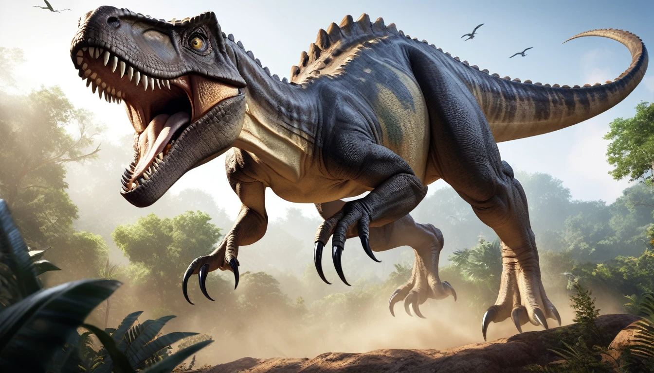 Realistic photos, RAW Photos, dinosaur, attacks viewer, Powerful movements, jump on prey, ((Dynamic jump)), Sharp Claws, dinosaur approaching from above, sudden approach, Bad-tempered, dynamic Shot from grand