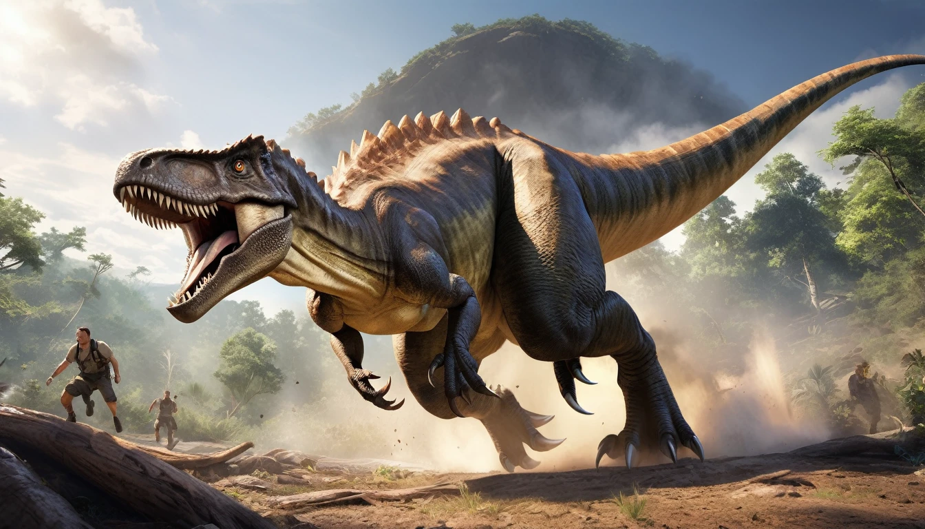 Realistic photos, RAW Photos, dinosaur, attacks viewer, Powerful movements, jump on prey, ((Dynamic jump)), Sharp Claws, dinosaur approaching from above, sudden approach, Bad-tempered, dynamic Shot from grand