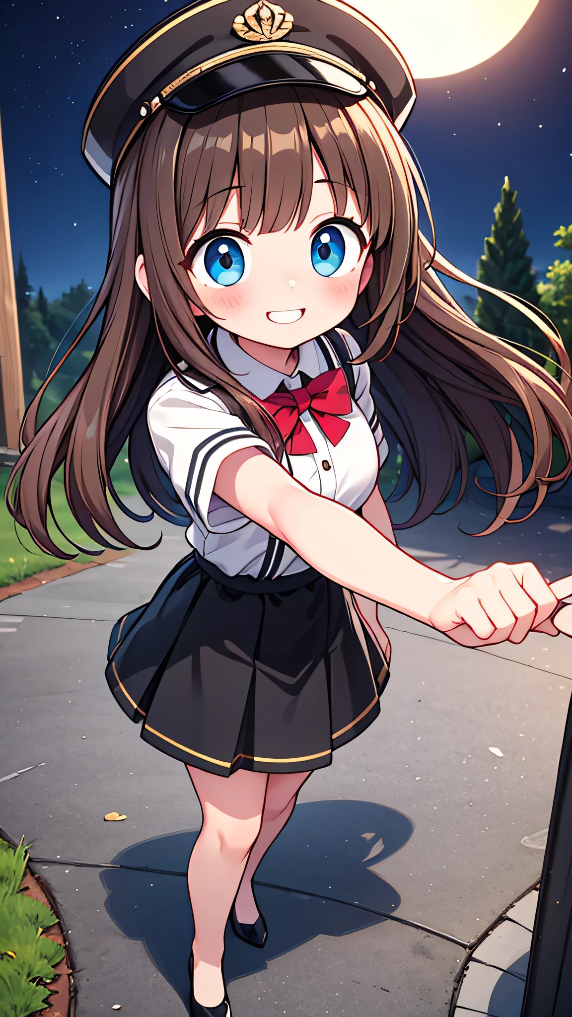 {Highest quality}, {Super beautiful},{Ultra fine},{Best illustration},Brown Hair,Hime cut,semi-long,Bangs,Standing Woman,Uniform cap,White Shirt,Short sleeve,Long black skirt,Night Park,Embarrassed,smilingly,Blushing,Slender women, A woman wearing plain black pumps,Bare feet and pumps,From an angle,From above,Reach out