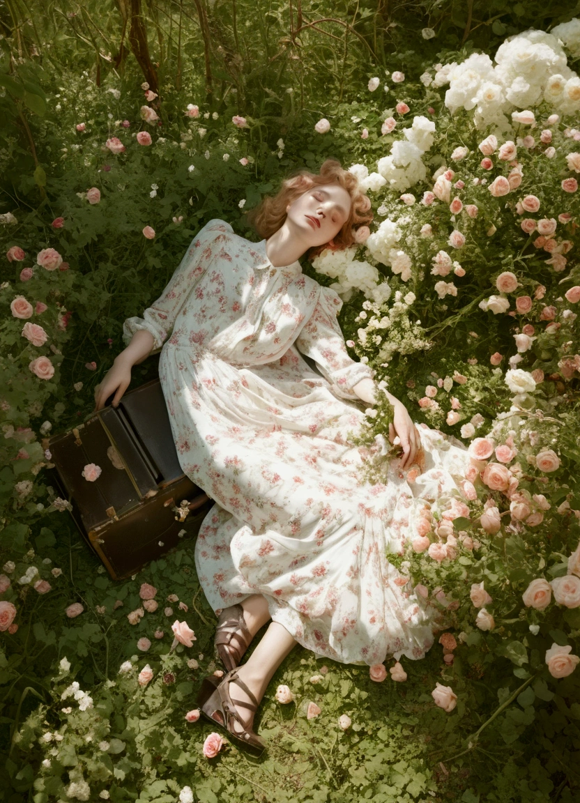 arafed woman laying in a field of flowers with a suitcase, laying on roses, inspired by Konstantin Somov, monia merlo, in style of tim walker, in style of petra collins, girl in a bed of flowers, floral dream, inspired by Cecil Beaton, lying on the woods path, woman in flowers, official vogue editorial