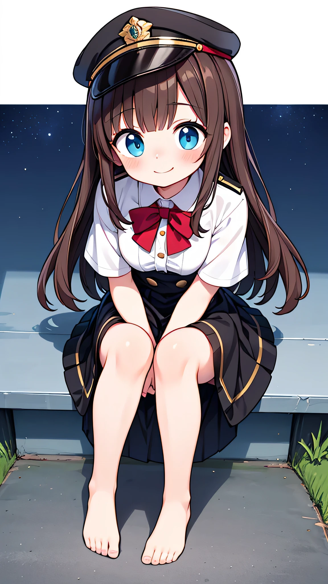 {Highest quality}, {Super beautiful},{Ultra fine},{Best illustration},Brown Hair,Hime cut,semi-long,Bangs,Slouching Woman,Uniform cap,White Shirt,Short sleeve,Long black skirt,Night Park,Embarrassed,smilingly,Blushing,Slender women, A woman wearing plain black pumps,Bare feet and pumps,From an angle,From above,Put your hands on your knees,