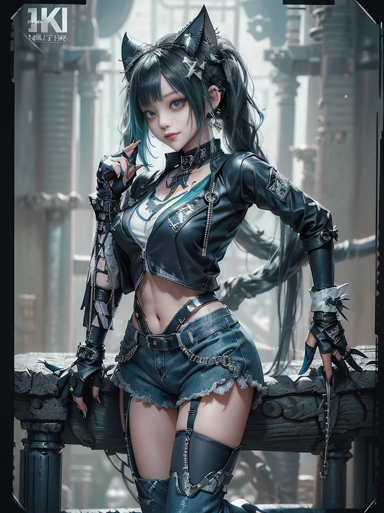 (Full body view:1.4)、(Full Body View:1.4)、(Side view:1.1)、(Smiling with teeth showing:1.3),(Shibuya Gal:1.5)、(Maid café clerk:1.5)、(Punk RockVisual Kei:1.4)、(Turquoise, navy and denim medieval noble zip up:1.5)、(Navy and white arm covers and bugle pants:1.5)、(Blue high heels:1.3)、(Wearing silver accessories:1.5)、(Dark brown collar:1.4)、(Leather garter belt:1.4)、(Brown Skin Belt:1.3)、(Black lace underwear:1.5)、20-year-old、NSFW、((Highest quality、In 8K、masterpiece:1.3))、Sharp focus:1.2、(Layered Cut、Huge boobs:1.1),Beautiful woman with perfect figure:1.4、(Doing an aerobics pose:1.3)、Slender Abs:1.2、Highly detailed face and skin texture、Detailed eyes、double eyelid,(Twin tails:1.3)、(Black Hair:1.3)、Gravure idol、(A fairytale-like cafe with a lush tree background:1.3)、(Slim Body:1.3),(Make your legs thinner:1.4),(Thin, thin thighs:1.3)、（clavicle:1.1）