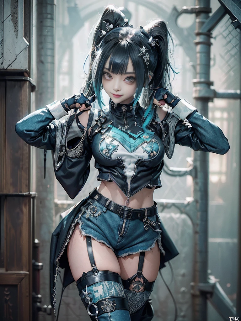 (Full body view:1.4)、(Full Body View:1.4)、(Side view:1.1)、(Smiling with teeth showing:1.3),(Shibuya Gal:1.5)、(Maid café clerk:1.5)、(Punk RockVisual Kei:1.4)、(Turquoise, navy and denim medieval noble zip up:1.5)、(Navy and white arm covers and bugle pants:1.5)、(Blue high heels:1.3)、(Wearing silver accessories:1.5)、(Dark brown collar:1.4)、(Leather garter belt:1.4)、(Brown Skin Belt:1.3)、(Black lace underwear:1.5)、20-year-old、NSFW、((Highest quality、In 8K、masterpiece:1.3))、Sharp focus:1.2、(Layered Cut、Huge boobs:1.1),Beautiful woman with perfect figure:1.4、(Doing an aerobics pose:1.3)、Slender Abs:1.2、Highly detailed face and skin texture、Detailed eyes、double eyelid,(Twin tails:1.3)、(Black Hair:1.3)、Gravure idol、(A fairytale-like cafe with a lush tree background:1.3)、(Slim Body:1.3),(Make your legs thinner:1.4),(Thin, thin thighs:1.3)、(clavicle:1.1)
