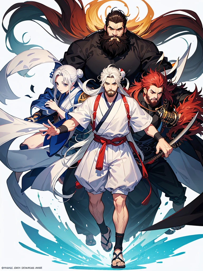 anime style, concept art, 4k, design works, three views, full body, white background, He is a stocky basketball player. He has a beard. He wears his long hair in a single bun like a samurai. 
