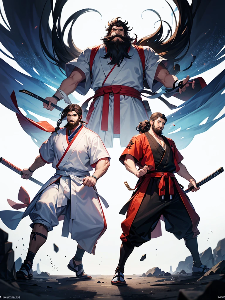 anime style, concept art, 4k, design works, three views, full body, white background, He is a stocky basketball player. He has a beard. He wears his long hair in a single bun like a samurai.