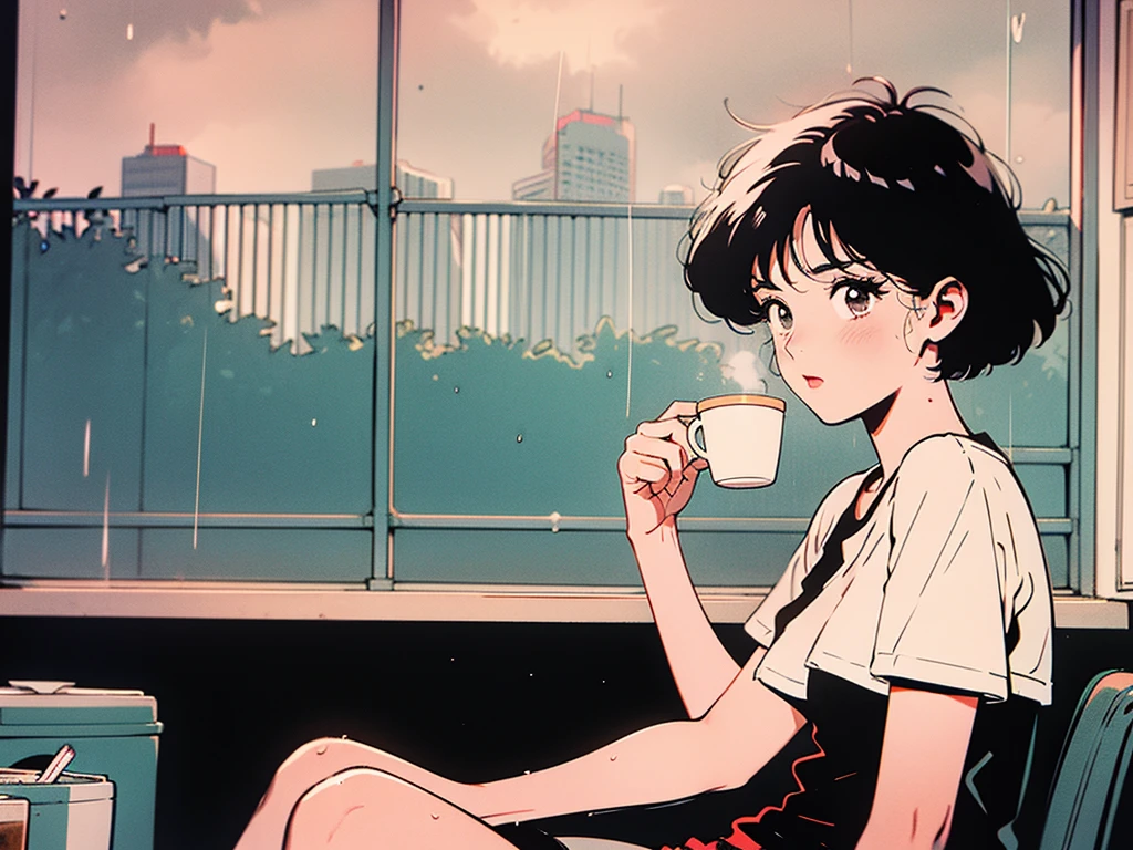 Highest quality,wallpaper,masterpiece,Very detailed,8k,wallpaper,Retro,((1 female,T-Shirts)),Short-haired woman,Cafe,(Check this out and have a coffee),One cup,City Pop,Urban Pop,Retroなレコードジャケットのイラスト,Out of the window((Rainy cityscape)),Wet with rain,Cure fingers