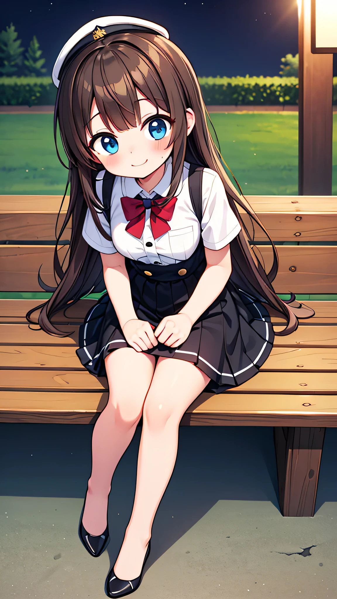 {Highest quality}, {Super beautiful},{Ultra fine},{Best illustration},Brown Hair,Hime cut,semi-long,Bangs,Standing Woman,Uniform cap,White Shirt,Short sleeve,Long black skirt,Night Park,Embarrassed,smilingly,Blushing,Slender women, A woman wearing plain black pumps,Bare feet and pumps,From an angle,From above,Crossing your legs