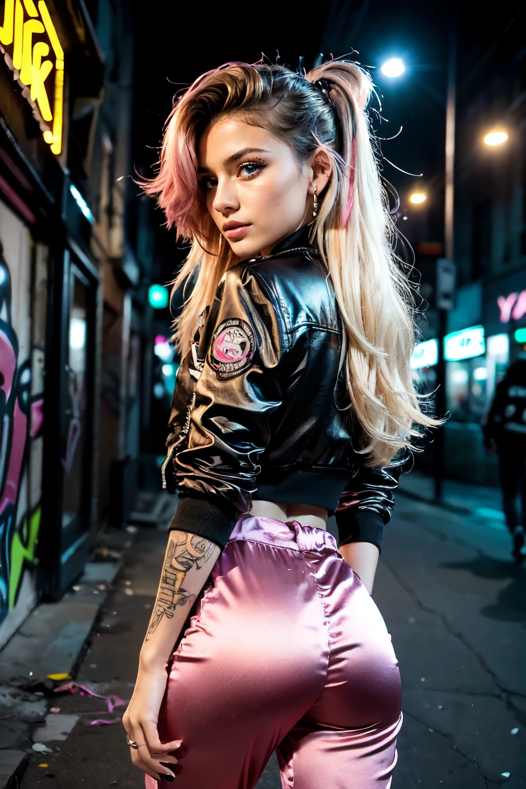 (Ultra-detailed eyes), (((textile shading))), (((Best Quality))), (((materpiece))), (((Ultra-detailed CG))), sassy 18 years old american girl, (((magical little girl))), (Petite), (tiny chest), blonde  wavy hair with pink streaks, ((gorgeous hair)), Pink eyes, (((punk girl, satin jacket, y2k ripped satin pants))), ((striking a pose)), (((Game CG)) (gorgeous, sassy, it girl), fancy jewelry, graffiti-covered walls,neon lights,vibrant colors,night scene,gritty atmosphere,4K, strong punk atmosphere, cowboy shot, midshot, centered image, eye on camera, daylight,satin Pants,sexy Ass,