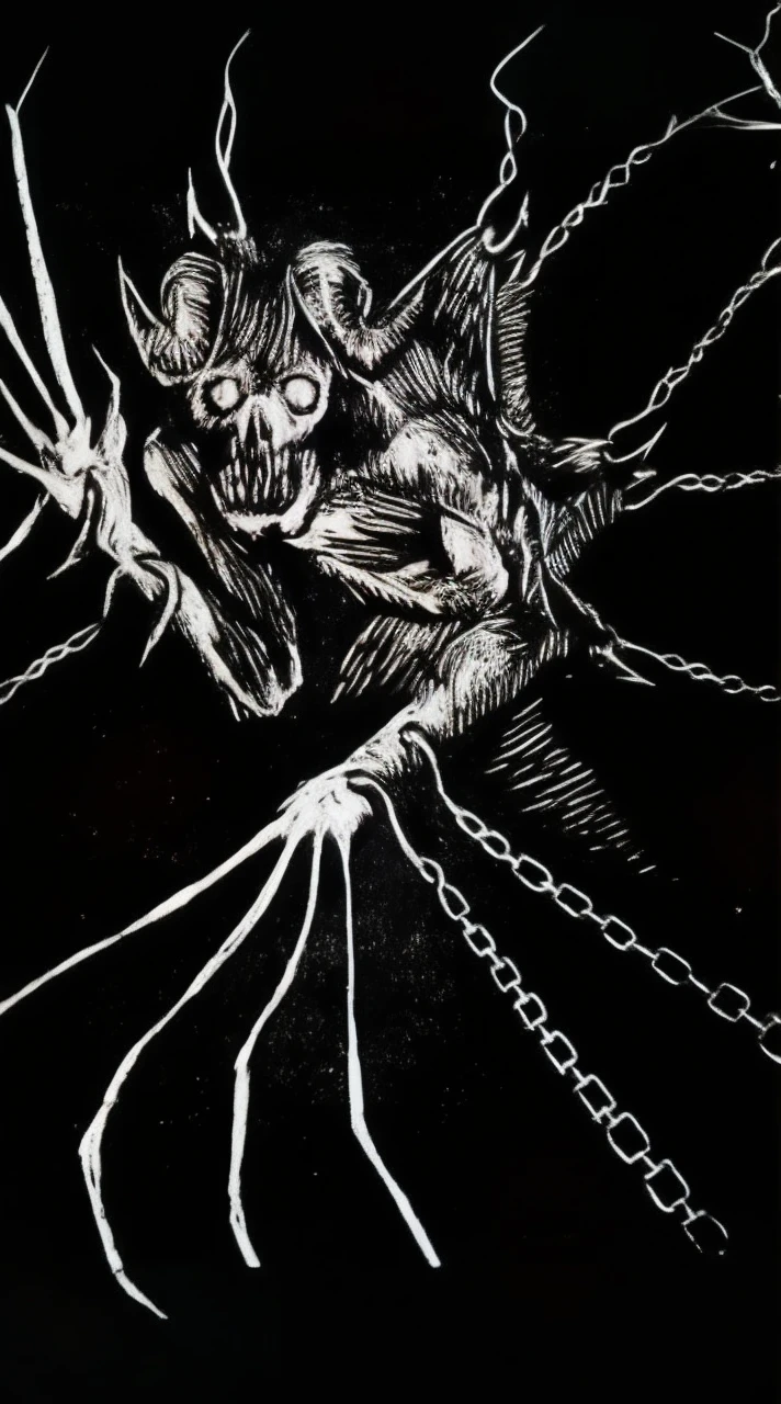 The Rake, a dæmon with gnarled metal limbs and a rusted metal spine, stands shackled to a weathered stone wall, its chains a constant reminder of the need to restrain its power. Its eyes, like polished stones, hold the secrets of seasons past. When the moon waxes, it awakens, tending to memories buried deep in the soil. It whispers to the roots, urging them to reach for the sky, even as its own chains weigh it down, a poignant symbol of the struggle between freedom and protection.