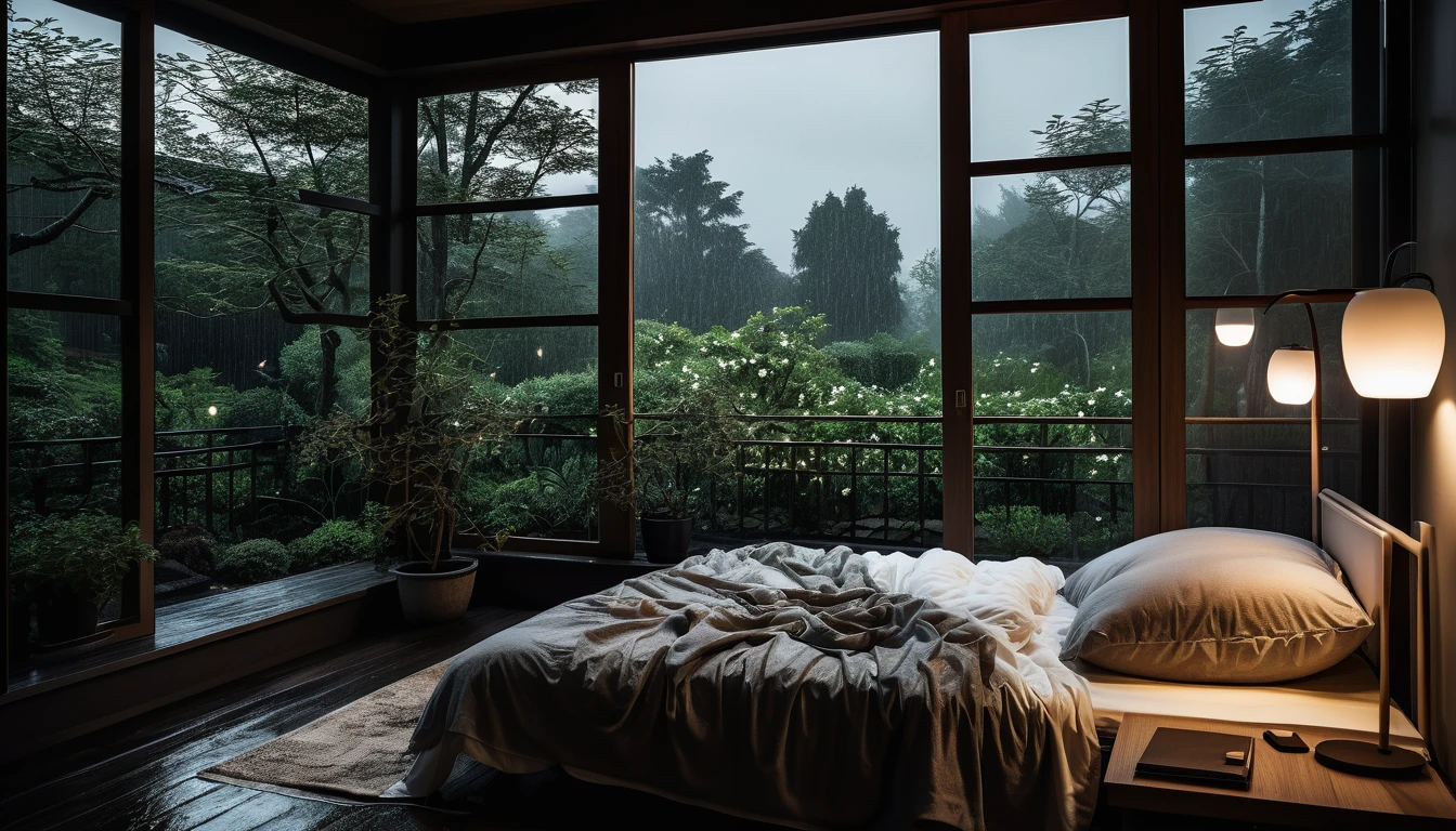 The picture shows a cozy gloomy bedroom, with a large window offering a view of a beautiful, dimly lit garden AND a garden soaked in FLOWERS, the cobblestones of the Japanese house concept. CINEMATIC, JAPANESE HOUSE, the shape of a Japanese house, and lots of flower gardens in the garden. The bed was unmade with rumpled sheets, indicating only a light sleep. the room is dark, gloomy, looks dim, gloomy. Beside the bed there is a small table with a classic lamp that radiates warm light into the room. Outside the window you can see the lush greenery of the terrace or balcony area, the rain is falling, the lamp on the left provides warm lighting, creating a calm and peaceful atmosphere. with fog obscuring part of the view in the distance. The contrast between the warmth indoors and the rain outdoors creates an inviting and calming atmosphere