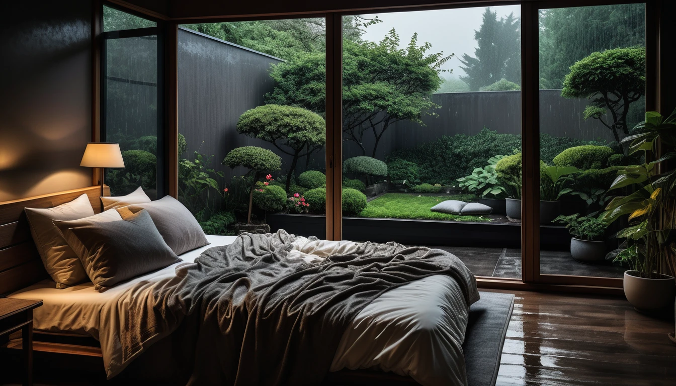 The picture shows a cozy gloomy bedroom, with a large window offering a view of a beautiful, dimly lit garden AND a garden soaked in FLOWERS, the cobblestones of the Japanese house concept. CINEMATIC, JAPANESE HOUSE, the shape of a Japanese house, and lots of flower gardens in the garden. The bed was unmade with rumpled sheets, indicating only a light sleep. the room is dark, gloomy, looks dim, gloomy. Beside the bed there is a small table with a classic lamp that radiates warm light into the room. Outside the window you can see the lush greenery of the terrace or balcony area, the rain is falling, the lamp on the left provides warm lighting, creating a calm and peaceful atmosphere. with fog obscuring part of the view in the distance. The contrast between the warmth indoors and the rain outdoors creates an inviting and calming atmosphere