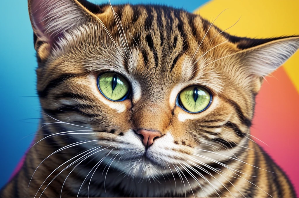 painting of a Cat with a colorful face and eyes, a Digital Painting by Zahari Zograf, shutter, Furry Art, Cat. Digital Painting, Beautiful art UHD 4K, 4k Very detailed The art of math, 4k detailed The art of math, Detailed painting 4k, Digital Painting Very detailed, Very detailed 数字, The art of math. Very detailed