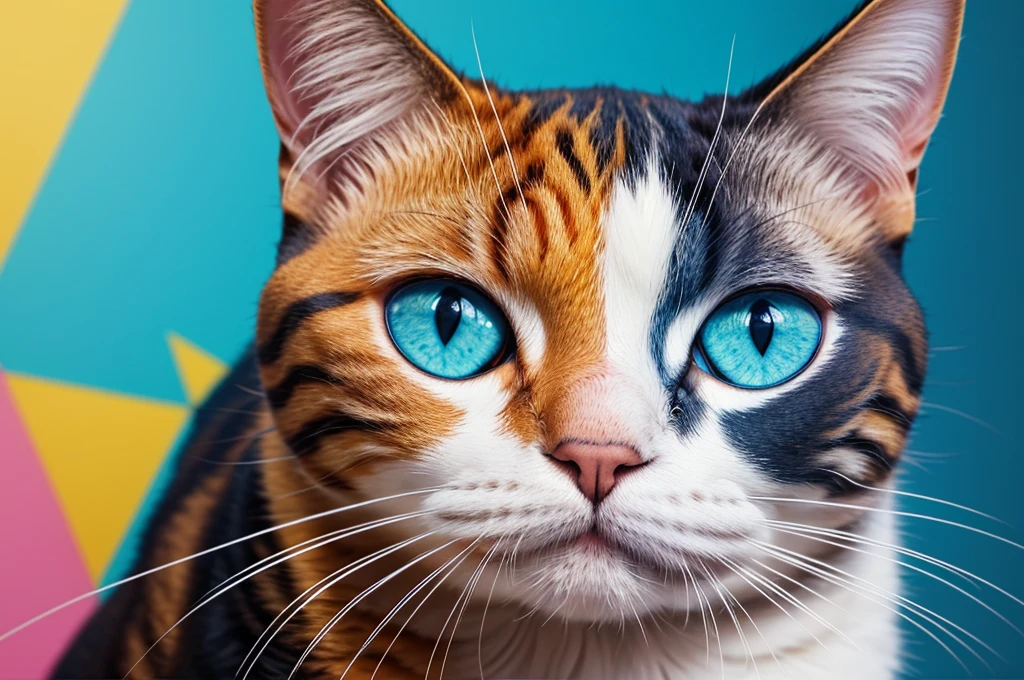 painting of a Cat with a colorful face and eyes, a Digital Painting by Zahari Zograf, shutter, Furry Art, Cat. Digital Painting, Beautiful art UHD 4K, 4k Very detailed The art of math, 4k detailed The art of math, Detailed painting 4k, Digital Painting Very detailed, Very detailed 数字, The art of math. Very detailed