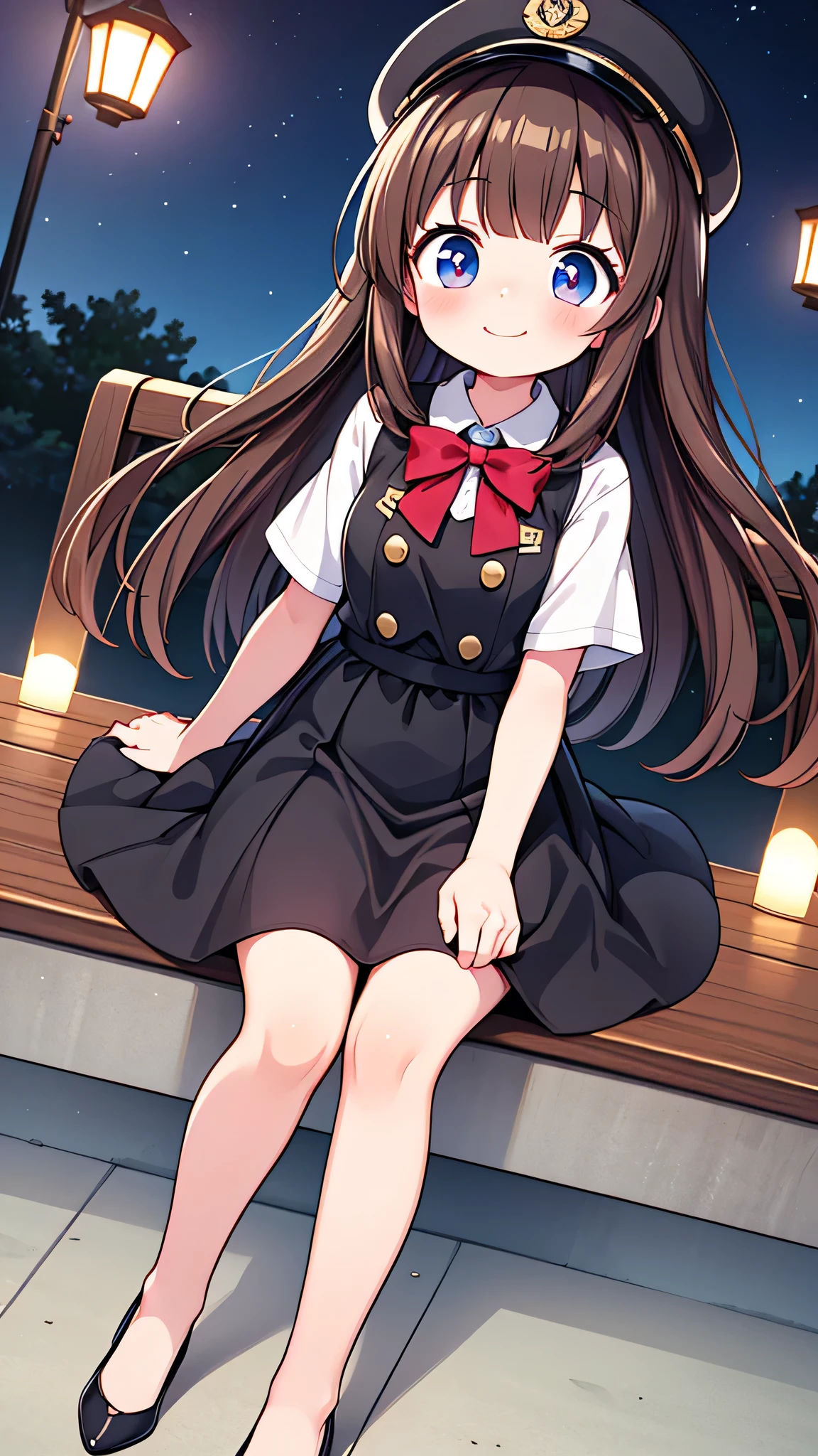 {Highest quality}, {Super beautiful},{Ultra fine},{Best illustration},Brown Hair,Hime cut,semi-long,Bangs,Standing Woman,Uniform cap,White Shirt,Short sleeve,Long black skirt,Night Park,Embarrassed,smilingly,Blushing,Slender women, A woman wearing plain black pumps,Bare feet and pumps,From an angle,From above,Crossing your legs