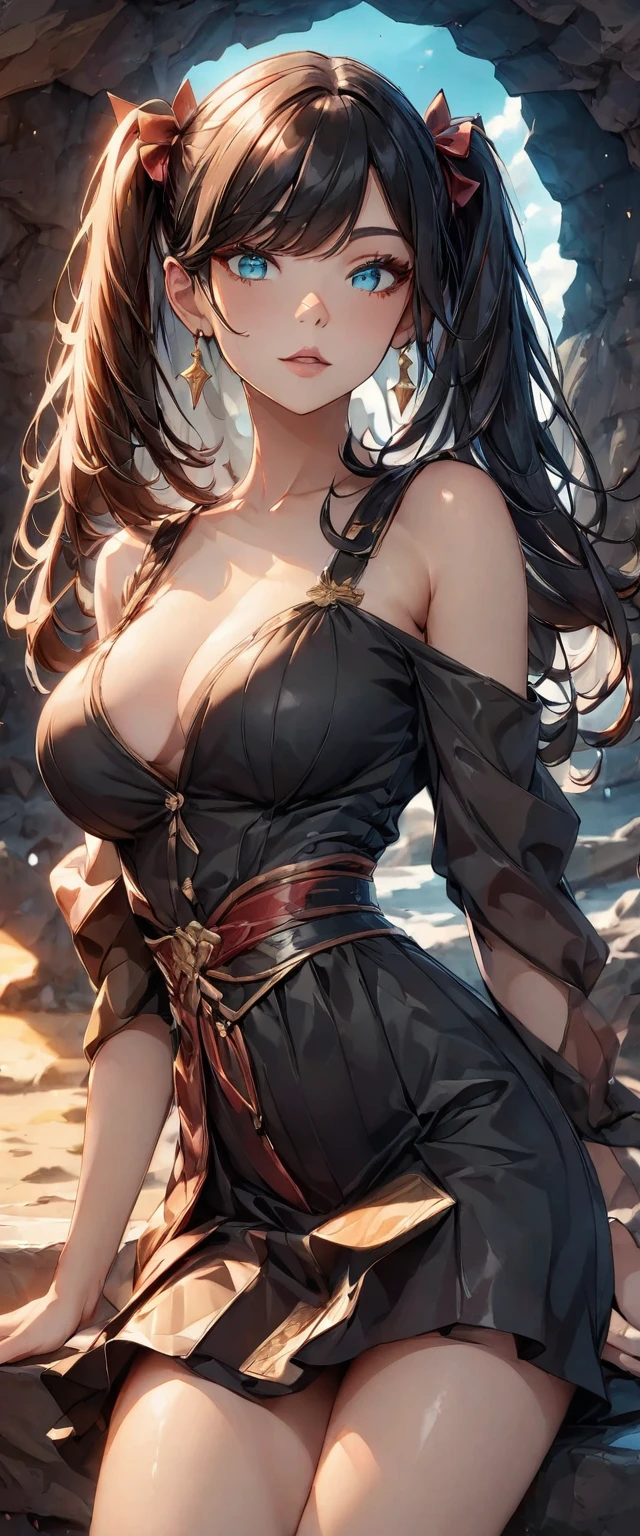 Photo of a woman with natural skin, Seaside cave, The light is shining in, Upper Body, High Twintails, Black hair with red mesh, Sharp eyes with red eyeshadow, Blue-green eyes, Shining eyes, A thin, upturned nose, Well-shaped lips, Big Breasts, ((Black off-the-shoulder dress, Thin shoulder straps)), barefoot, Makeup, Exquisitely crafted with the utmost attention to detail, Vibrant, amazing, Smooth, Cinematic, 4K, Backlight, (()), Shallow depth of field, ((Detailed eyes:1.3, Detailed lips:1.3, high quality, )), masterpiece, Super detailed images, High quality