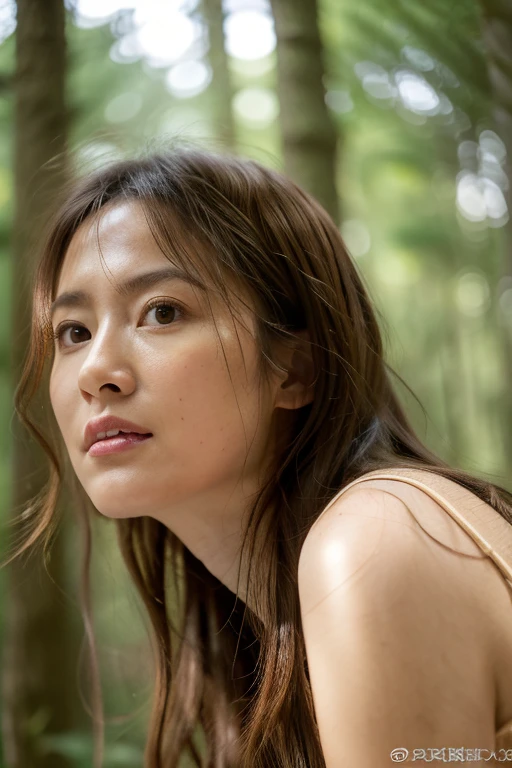 (dense woods: 1), Golden Time, Light brown eyes, One woman, lightly dressed, (Photorealsitic), (Complex Detail: 1.2), (masuter piece, :1.3), (of the highest quality: 1.4), (超A high resolution: 1.2), (Detailed eye ), (detailed facial features), Strong sunshine, in 8K, (Lens Flare: 0.7), Turned,Feminine poses,The upper part of the body、Scared、Toned waistline