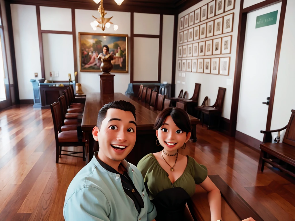 couple in art museum smiling with large table in the background