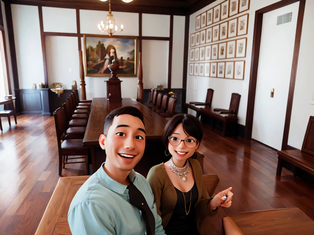 couple in art museum smiling with large table in the background