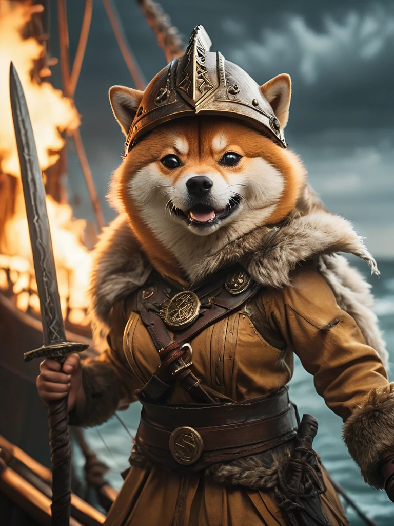 epic closeup of an angry anthro female Shiba Inu, fluffy full body fur wearing viking helmet and outfit, standing on a viking ship holding a viking sword with glowing runes, fire, smoke, stormy sea, shallow depth of field, vignette, highly detailed, high budget, bokeh, cinemascope, moody, epic, gorgeous, film grain, grainy, high quality photography, 3 point lighting, flash with softbox, 4k, Canon EOS R3, hdr, smooth, sharp focus, high resolution, award winning photo, 80mm, f2.8, bokeh, intricate details, HDR+, intricate details, Detailed Fluffy Fur, Detailed Hair, hyperdetailed, natural fur texture, detailed skin, hyperrealism, sharp (hyperrealistic, cinematic light, depth of field)