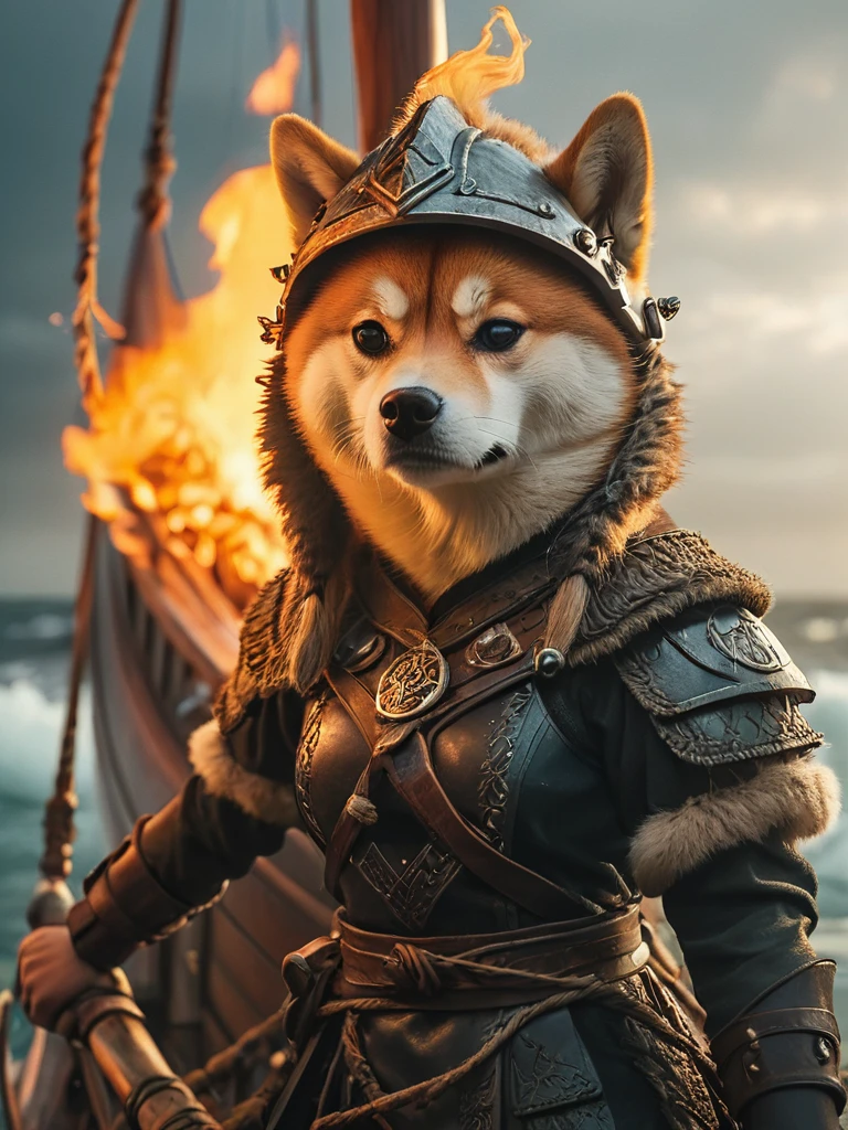 epic closeup of an angry anthro female Shiba Inu, fluffy full body fur wearing viking helmet and outfit, standing on a viking ship holding a viking sword with glowing runes, fire, smoke, stormy sea, shallow depth of field, vignette, highly detailed, high budget, bokeh, cinemascope, moody, epic, gorgeous, film grain, grainy, high quality photography, 3 point lighting, flash with softbox, 4k, Canon EOS R3, hdr, smooth, sharp focus, high resolution, award winning photo, 80mm, f2.8, bokeh, intricate details, HDR+, intricate details, Detailed Fluffy Fur, Detailed Hair, hyperdetailed, natural fur texture, detailed skin, hyperrealism, sharp (hyperrealistic, cinematic light, depth of field)
