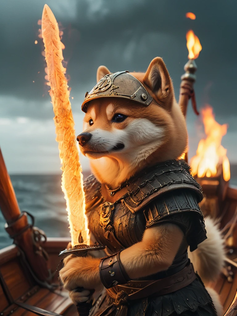 epic closeup of an angry anthro female Shiba Inu, fluffy full body fur wearing viking helmet and outfit, standing on a viking ship holding a viking sword with glowing runes, fire, smoke, stormy sea, shallow depth of field, vignette, highly detailed, high budget, bokeh, cinemascope, moody, epic, gorgeous, film grain, grainy, high quality photography, 3 point lighting, flash with softbox, 4k, Canon EOS R3, hdr, smooth, sharp focus, high resolution, award winning photo, 80mm, f2.8, bokeh, intricate details, HDR+, intricate details, Detailed Fluffy Fur, Detailed Hair, hyperdetailed, natural fur texture, detailed skin, hyperrealism, sharp (hyperrealistic, cinematic light, depth of field)