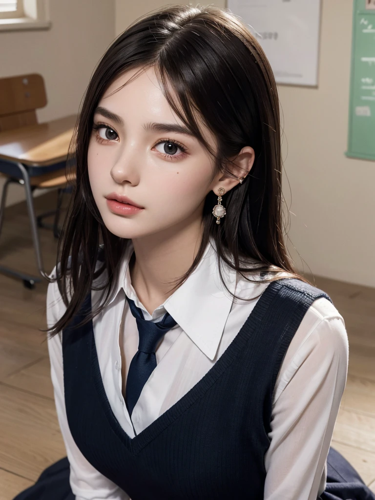 absurdres, RAW photo, extremely delicate and beautiful, masterpiece, Best Quality, ultra high resolution, 32k, hyperrealistic, ultra-detailed, perfect anatomy, super Detailed skin, perfect figure, Super Beauty, Perfect Style, Perfect balance, 20 years old, very small head, very small face, delicate facial features, detailed face, detailed eyes, tearful mole, earring, very huge round breasts, legs, medium hair, whole body shot, indoor, ((school_uniform)),