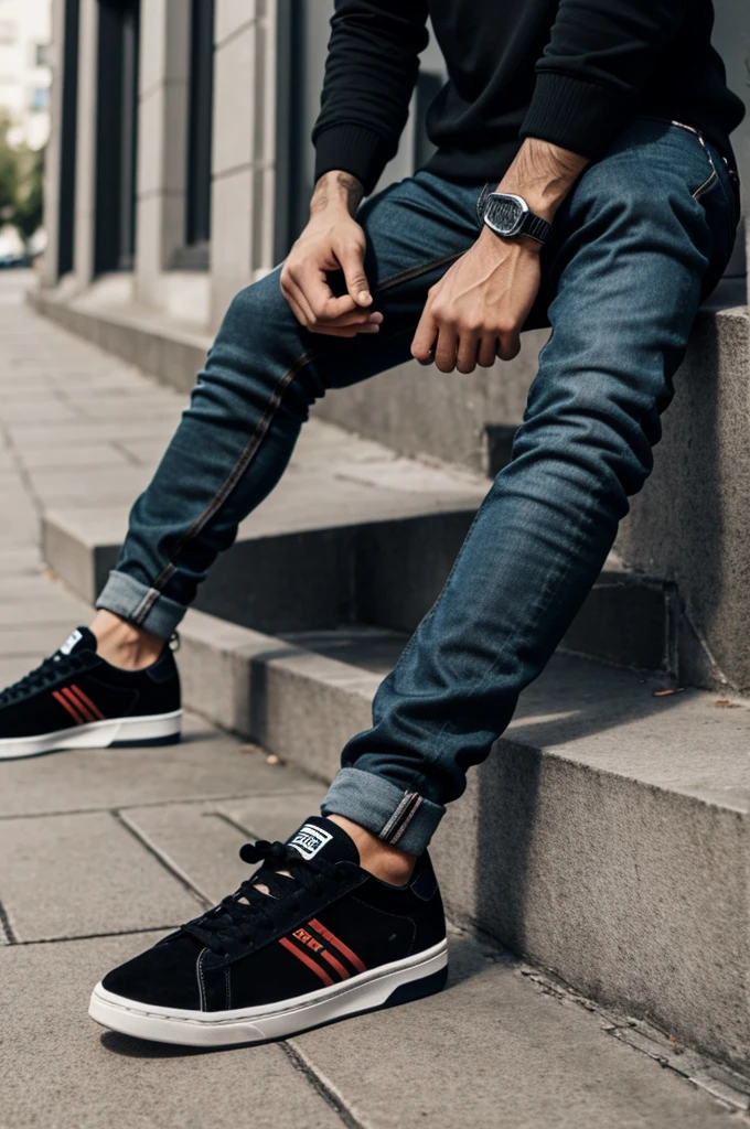 A young man wearing skinny jeans and black adi2000 sneakers 