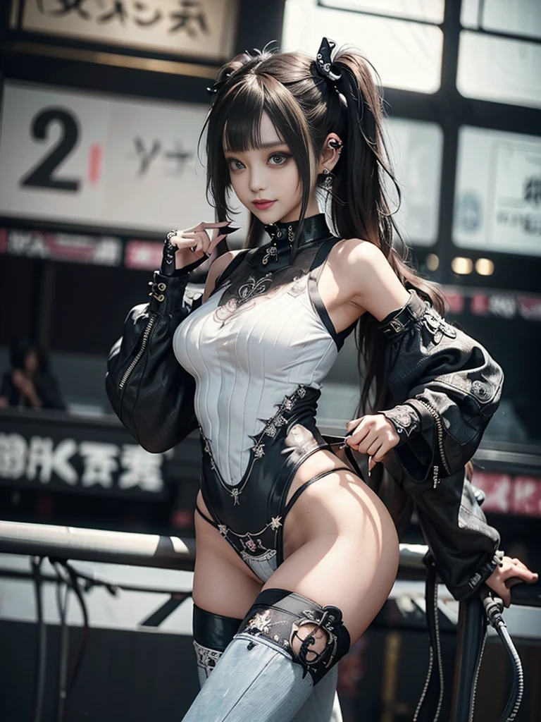 (Full body view:1.4)、(Side view:1.2)、(Smiling with teeth showing:1.3),(Shibuya Gal:1.5)、(Gothic Lolita style fashion:1.5)、(Punk RockVisual Kei:1.5)、(Wearing a rhythmic gymnastics bodysuit with intricate details:1.4)、(Racing suit and pants with intricate decorations in white, denim and charcoal:1.5)、(Denim and light blue and white boots:1.3)、((belt))、(Numerous delicate logo marks all over the costume:1.4)、(collar:1.3)、(Striped underwear:1.5)、20-year-old、NSFW、((Highest quality、In 8K、masterpiece:1.3))、Sharp focus:1.2、(Layered Cut、Huge boobs:1.1),Beautiful woman with perfect figure:1.4、(Dancing vigorously:1.3)、Slender Abs:1.2、Highly detailed face and skin texture、Detailed eyes、double eyelid,(Twin tails:1.3)、(Brown Hair:1.3)、Gravure idol、(The background is the stage of the fashion show:1.3)、(Slim Body:1.3),(Make your legs thinner:1.4),(clavicle:1.1)、(Thin and slim thighs:1.3)