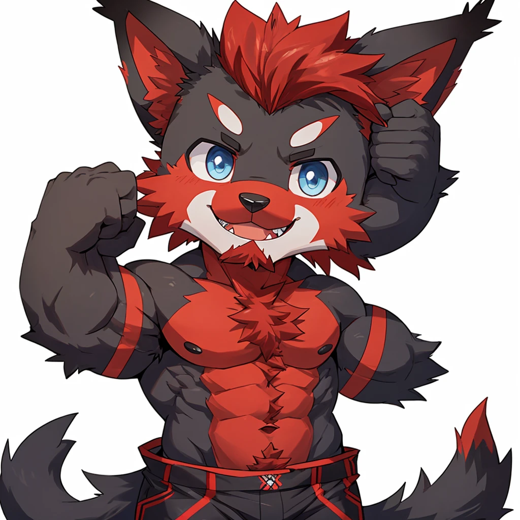 ((Furry lynx cat)), ((chibi)), chibi, chibi, chibi, chibi, body fully covered in black fur, ((fully covered in black fur)), ((black fur)), sharp fangs, sharp teeth, summer shorts outfit, cute, blue eyes, red chest hair, red eyebrows, red armpit hair, black nose, black tail, black tail with red tip, red whiskers, happy, smile, correct Anatomy, correct hand, ((white background)), (Acting happy), (hands up), enjoy, ((front view)), full body, sexy, (flexing), (muscle), black tail, black tail red tail tip, red eyebrows, red chest hair, red armpit hair, chibi, chibi, chibi, chibi