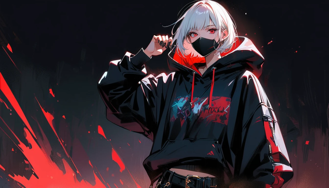 Kaneki Female Vtuber Edition, sexly, G cup, Street Fashion,tattoo,Tribal tattoo,punching, SFW, KK, best quality, detail, masterpiece, kaneki ken, abstract, whole body, Female focus, Red eyes, alone, mask, Black nails, bangs, look at the audience, hood, short hair, black background, Raise your hand, hooded Up, nail polish , Face mask, teeth, white hair, Black mask, luxurious, 8k, detail, Ray tracing, depth of field, movie lighting, Blood,