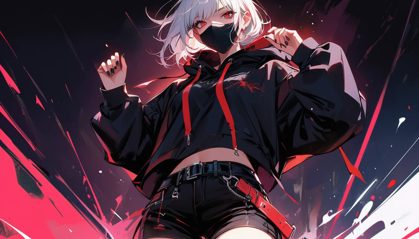 Kaneki Female Vtuber Edition, sexly, G cup, Street Fashion,tattoo,Tribal tattoo,punching, SFW, KK, best quality, detail, masterpiece, kaneki ken, abstract, whole body, Female focus, Red eyes, alone, mask, Black nails, bangs, look at the audience, hood, short hair, black background, Raise your hand, hooded Up, nail polish , Face mask, teeth, white hair, Black mask, luxurious, 8k, detail, Ray tracing, depth of field, movie lighting, Blood,