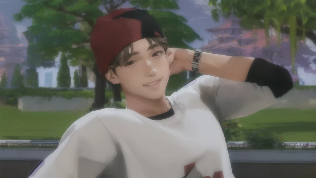 boy wearing red cap and white shirt, skin tanned, 16 years old, anime boy