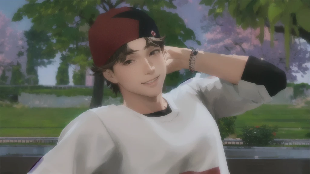 boy wearing red cap and white shirt, skin tanned, , anime boy