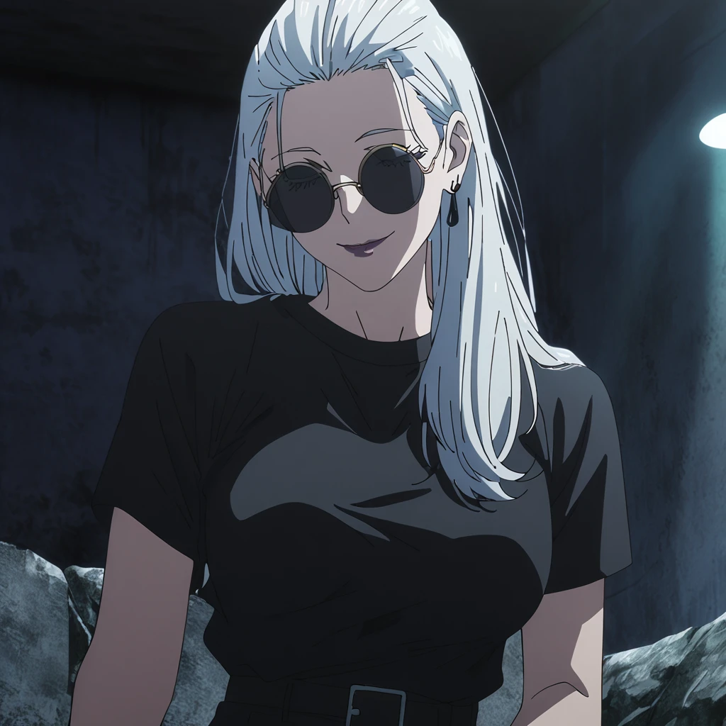 1girl, female gojo satoru, anime screencap from jujutsu kaisen, gojo satoru female version, solo, long_hair , ((wearing round sunglasses)) ((White_hair, hair slicked from one side)), night view, (hanging breasts) upper_body, smile,((dark room)) lips, (long hair) ((wearing black colour t shirt and pant)) breast, "very detailed and high resolution"  ((solo)) (((front view))) (earings) ((high resolution)) ((good quality)) ((silky hair, hair slicked from one side)) ((sitting))